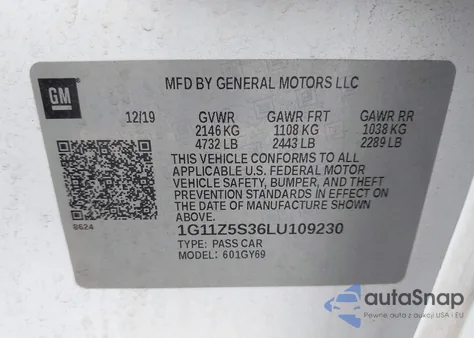 2020 Chevrolet Impala Fwd Lt z USA, uszkodzony, nr VIN 1G11Z5S36LU109230